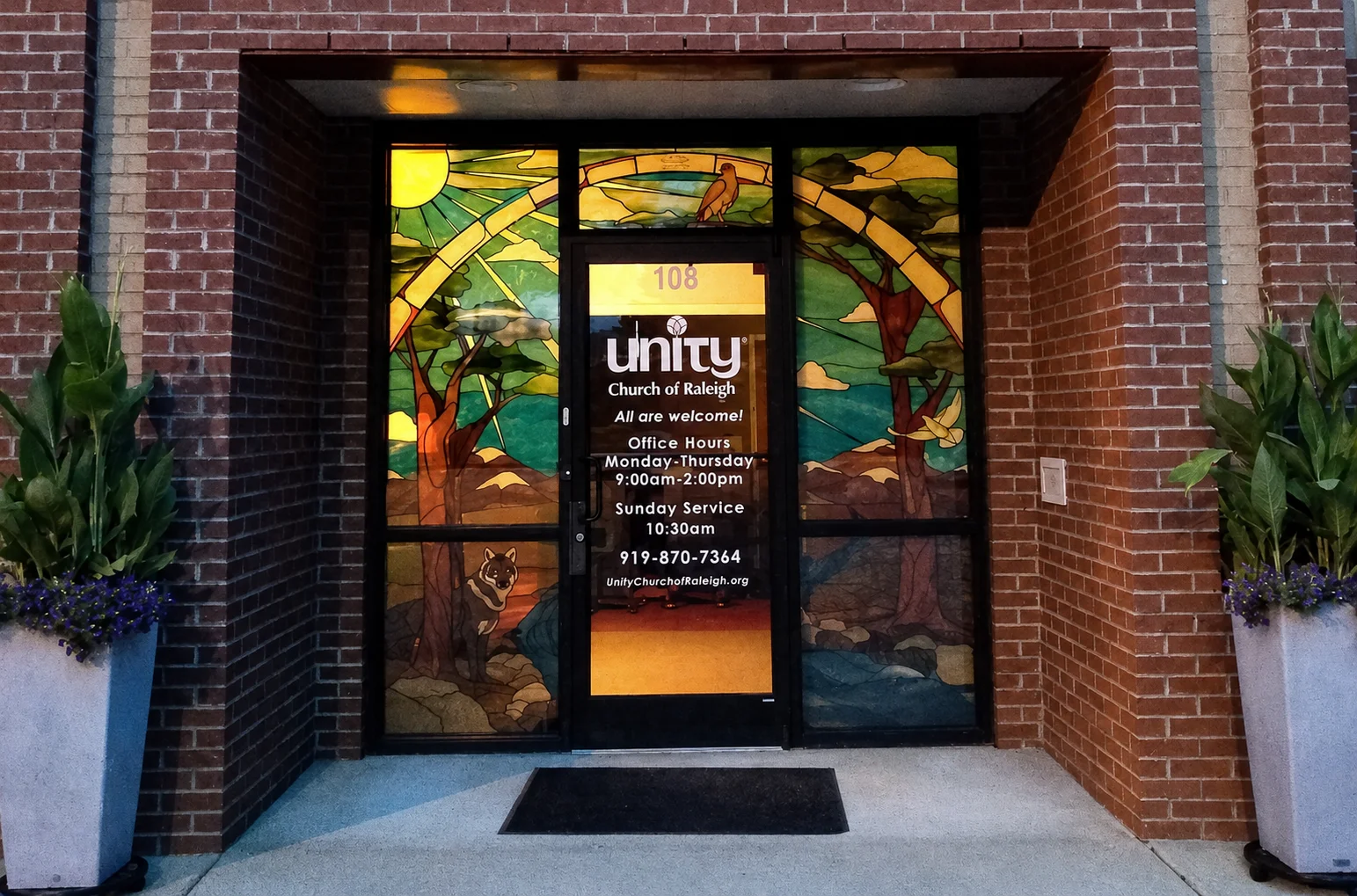 Unity of Raleigh entrance at night